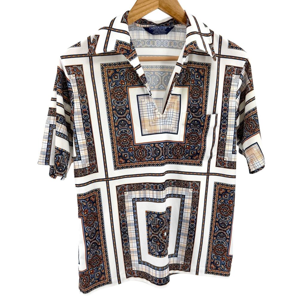 Vintage 70s Career Club Brown Cream Kilim Dagger Collar Shirt